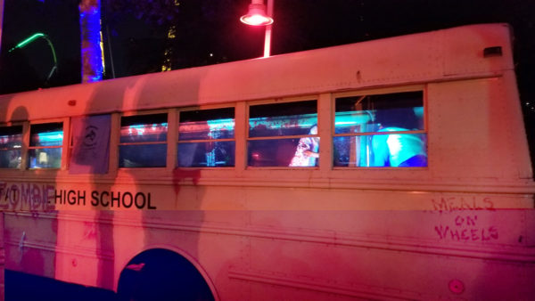 Schoolbus under attack at Zombie High at SCarowinds